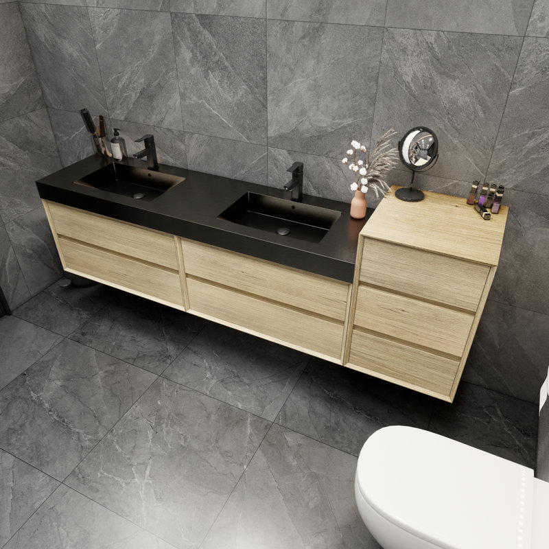 Meuble-lavabo double mural 78,5 po avec plateau en métal Kayleena, Chêne et teck