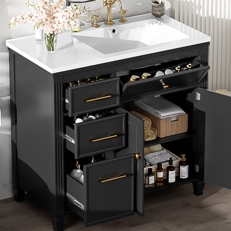 Meuble-lavabo de salle de bain avec lavabo, tiroir basculant, tiroirs latéraux, tablette réglable, idéal pour organiser les articles de salle de bain essentiels et améliorer la fonctionnalité.