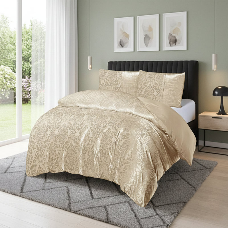 Emilia Duvet Cover Set with Pillowcases – Jacquard Damask Pattern, Luxury Textured Bedding Set, Double/King/Super King Sizes