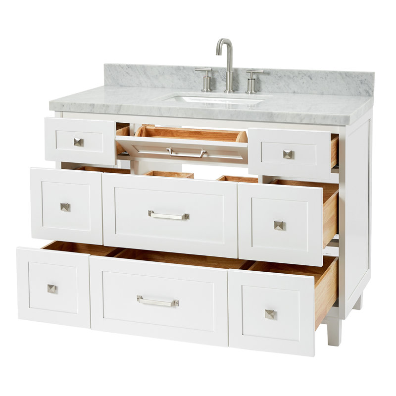 ARIEL Monroe Single Sink Bathroom Vanity with Italian Carrara Marble Top, 49", Carrara White Marble, White
