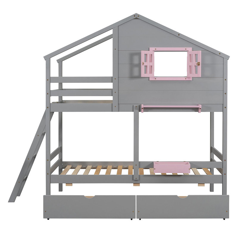 Lit superposé simple au-dessus de simple avec 2 tiroirs, 1 boîte de rangement, 1 tablette, fenêtre et toit gris