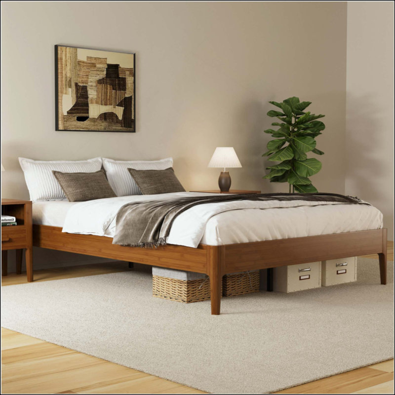 Structure de lit plateforme en bois de bambou massif et solide, avec support en lattes de bois, style moderne et minimaliste, aucun sommier tapissier requis, assemblage facile