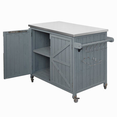 42.1" Outdoor Kitchen Island With Side Shelf, Outdoor Grill Cart With Storage Cabinet, Outdoor Kitchen Cabinet With Stainless Steel Top,  Adjustable Shelf And 4  Wheels For Pizza Prep, Grey Blue