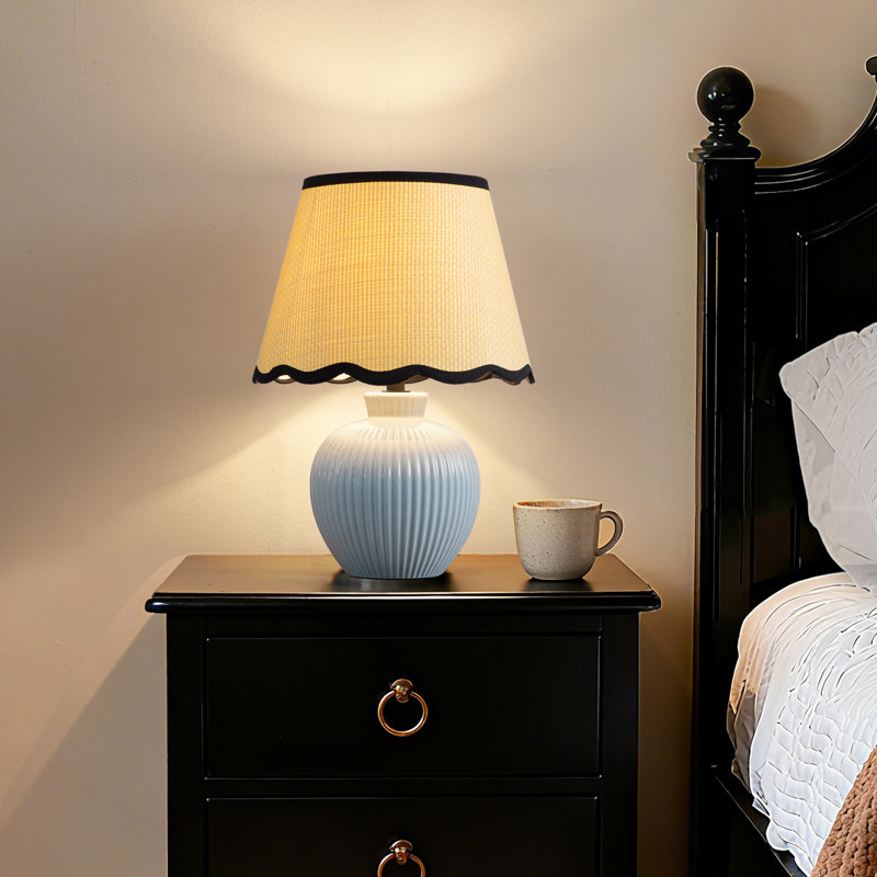12.9" Ceramic Table Lamp with Adjustable Rattan Scallop Shade, Includes G45 Bulb, Blue