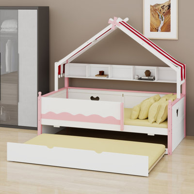 Lit de jour avec lit gigogne et étagère, baldaquin en forme de maison pour les chambres d'enfants