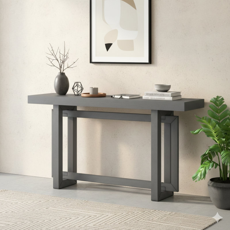 Table d'entrée de 59,1 pouces peinte avec placage de pin, présentant un design triple rectangulaire unique et des pieds en bois de pin épais. Une table de canapé très longue et polyvalente pour les couloirs, les salons et les cuisines.