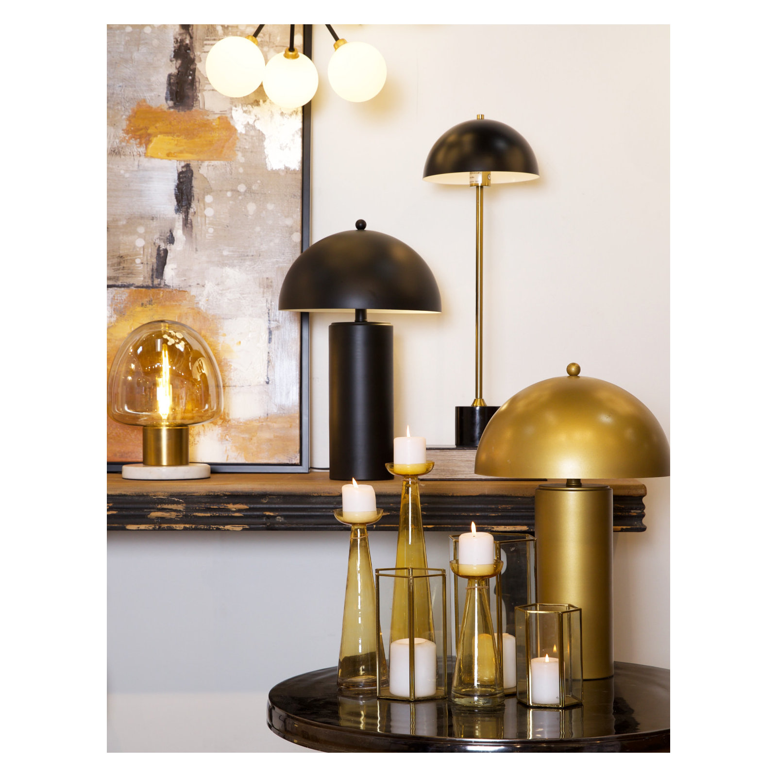 3 Piece Glass Tabletop Candlestick Set, Gold