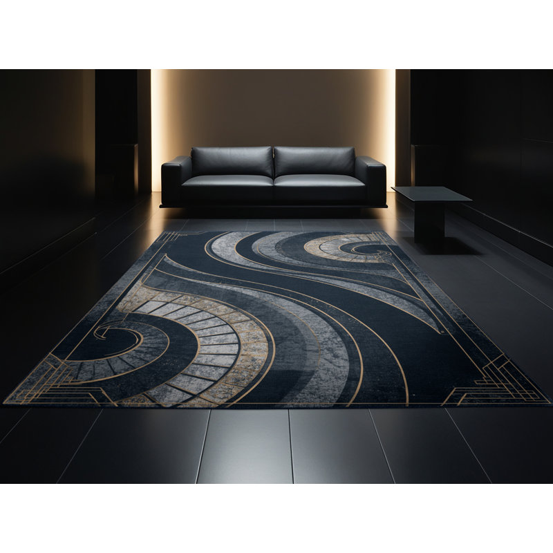 Machine Washable Palvinder Art Deco Arc Rug in Grey – Navy Binding, 3x5