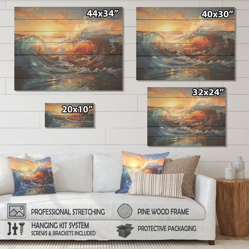Blue and Orange Sunrise Waves II - Vagues côtières sur bois, H 34 po x l 44 po x P 0,78 po