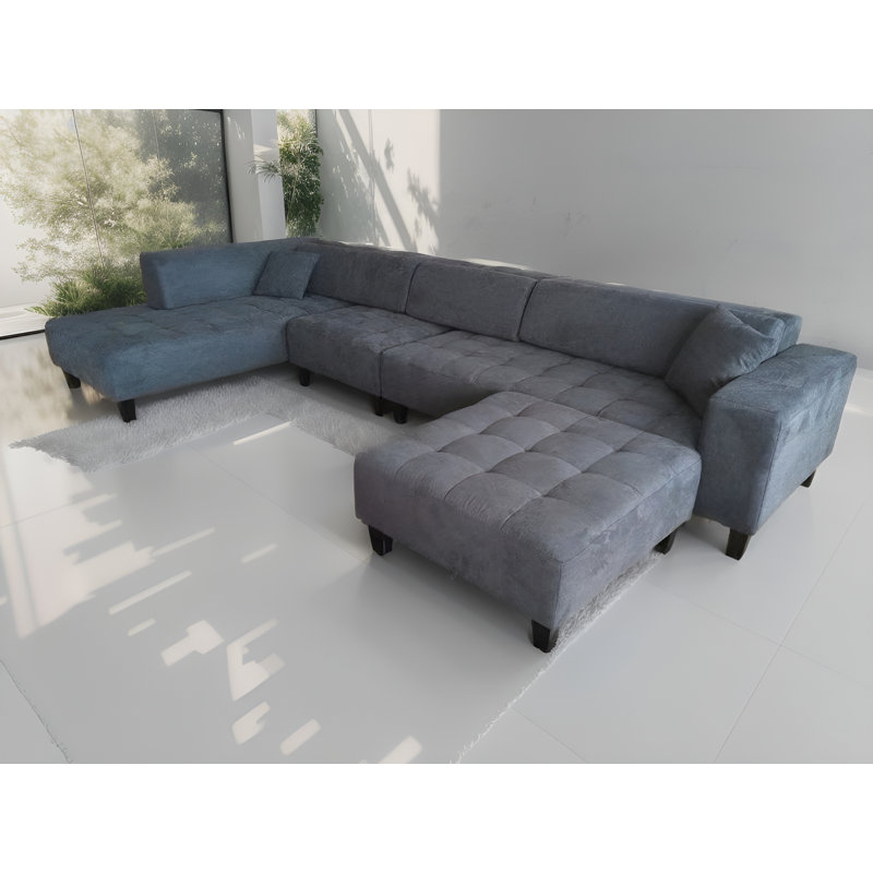 Behadil Upholstered L-Shaped Sectional Right Hand Facing, Dark Gray Microfiber/Microsuede, Left Hand Facing