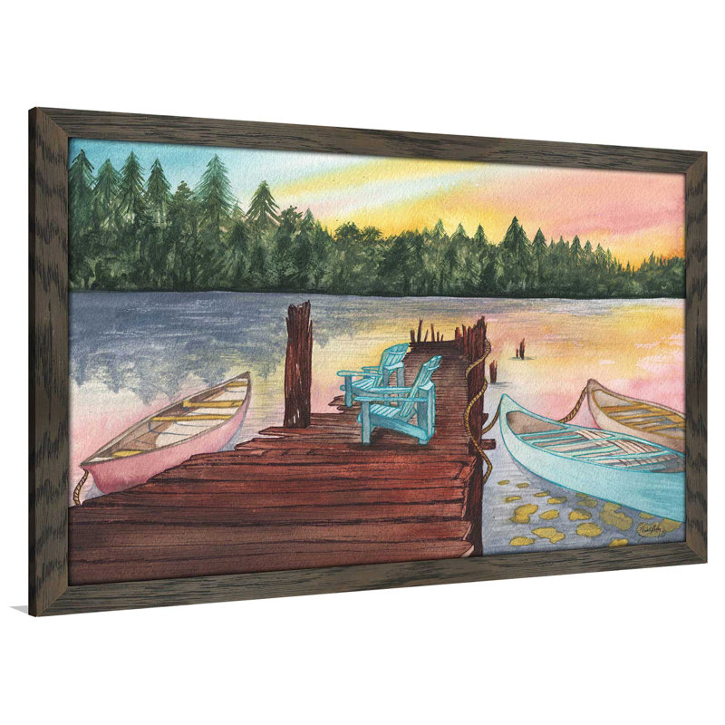 «Lake Sunsets», reproduction de peinture à l'aquarelle, H 21,5 po x l 27,5 po x P 0,75 po, Cadre chocolat patiné