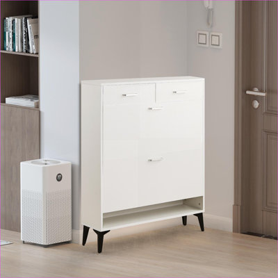 Armoires | Rangement pour chaussures moderne autoportant, L 31,49 po, panneau de particules durable, blanc neige, 2 tiroirs rabattables + 2 tiroirs | Minimaliste | Chambre à coucher