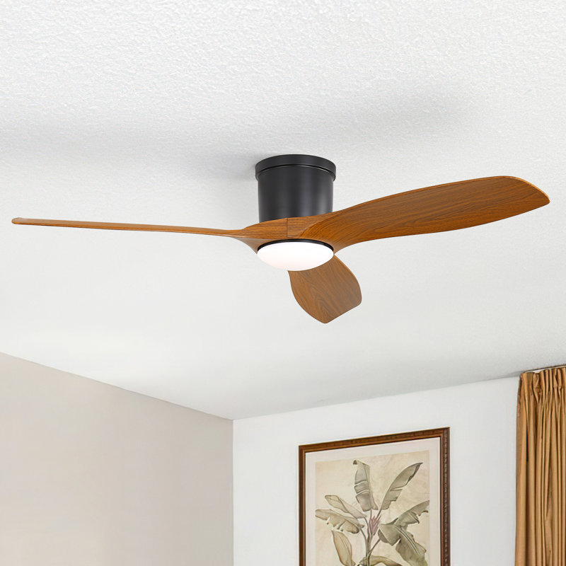 132cm Ceiling Fan with LED Lights, Black, Brown Wood