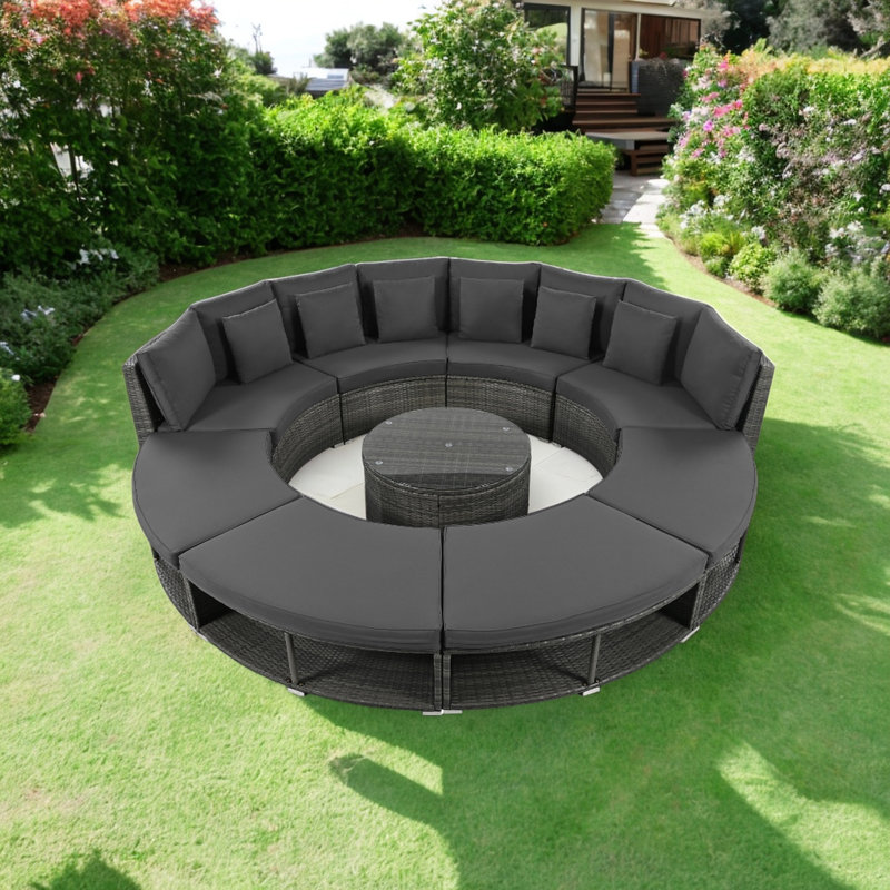 Ensemble modulaire d'extérieur courbé de 127,9 po avec coussins Yovcho, Gris