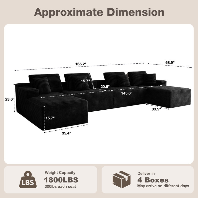 Koli 165" U-shaped Sectional Couch, Compression Sofa, Black Corduroy, Black Corduroy, 23.6" H x 165" W x 68.9" D