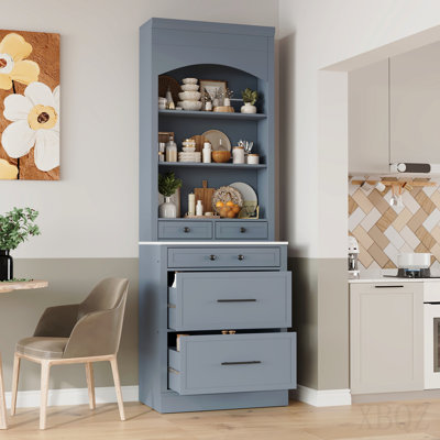 Modern 83.7inch High Kitchen Pantry, Freestanding Tall Kitchen Hutch With Faux Marble Top, Display Cupboard Cabinet With 5 Storage Drawers And Adjustable Shelf, Gray