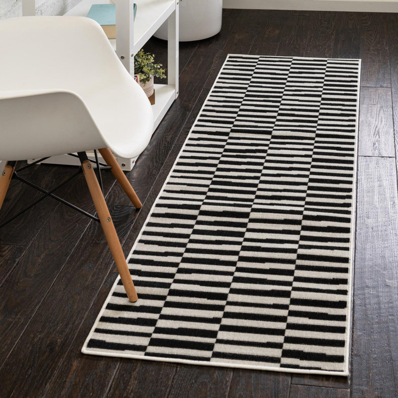 Tapis rayé ivoire / noir Arzilla, Black, Runner 2' x 6'