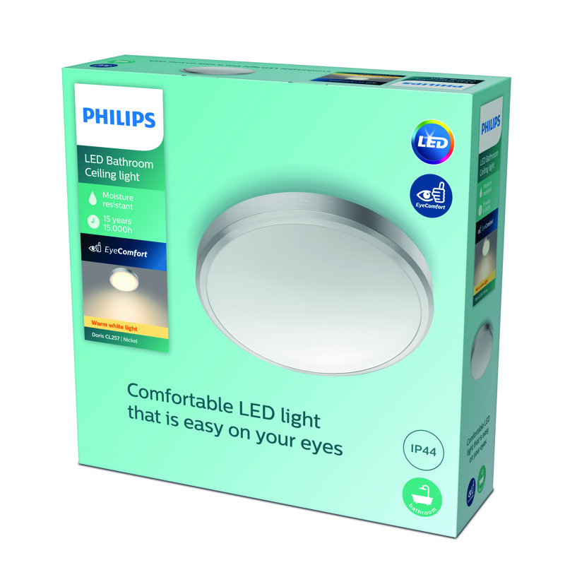 Philips LED Doris Ceiling Light 27K 17W IP44 (Single Pack), Nickel