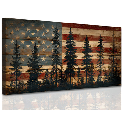  American Flag Forest Wall Art Rustic Patriotic Canvas Prints, Vintage Americana Pine Tree Painting, Farmhouse Flag Pictures Artwork Decor for Bedroom Independence Day Canvas, 20x40 inches