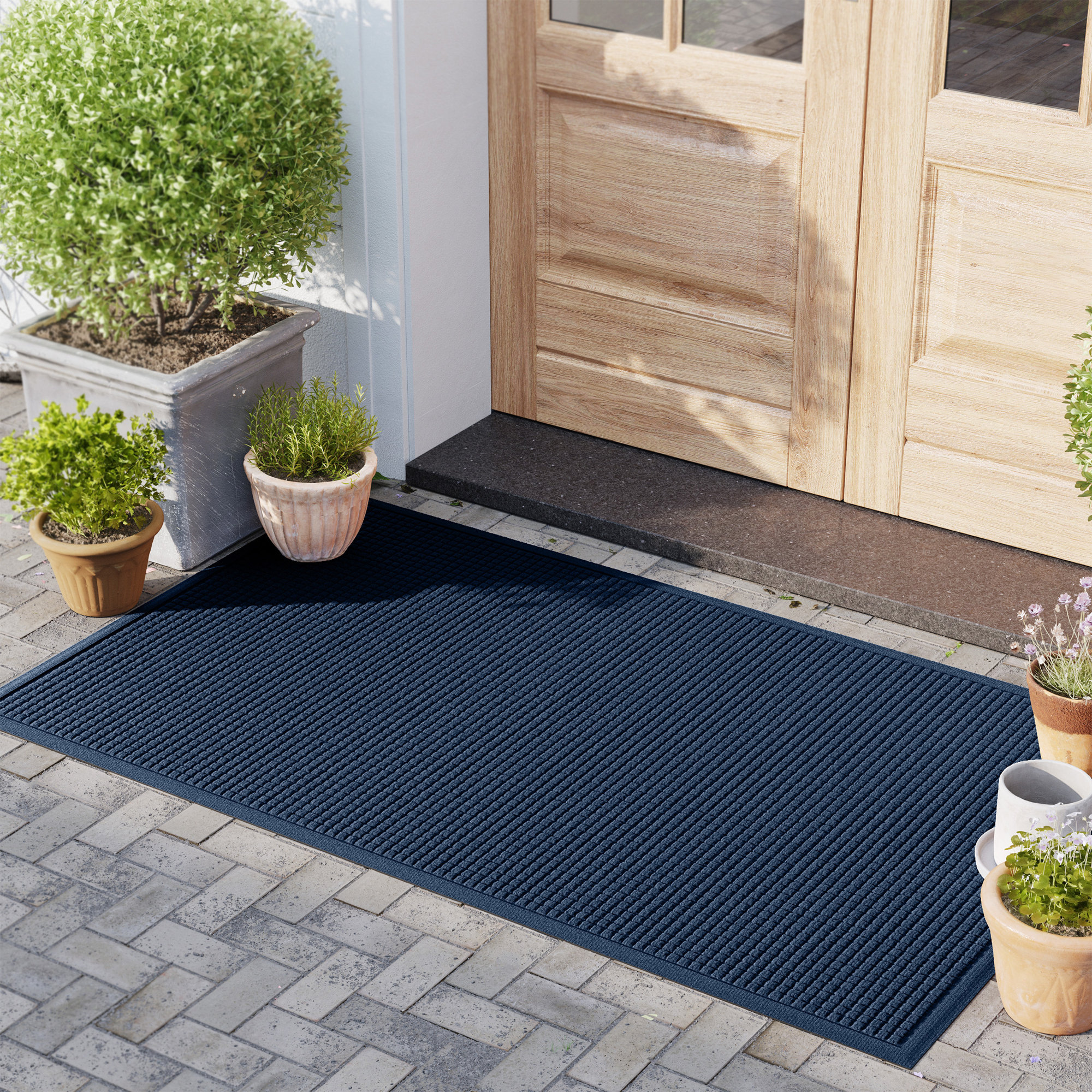 WaterHog Squares Indoor Outdoor Door Mat, Navy, Rectangle 3' x 5'