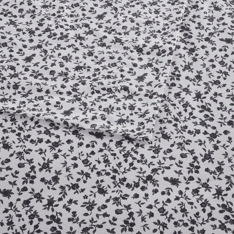 Full Black Floral Printed Microfiber Sheet Set