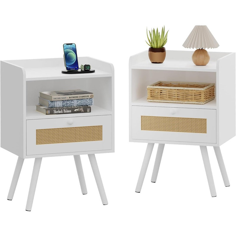 Ensemble de 2 tables de chevet Chenoah, tables de chevet avec tiroirs en rotin, table d'appoint en rotin avec rangement et pieds en bois massif, table de bout pour la chambre à coucher, blanc