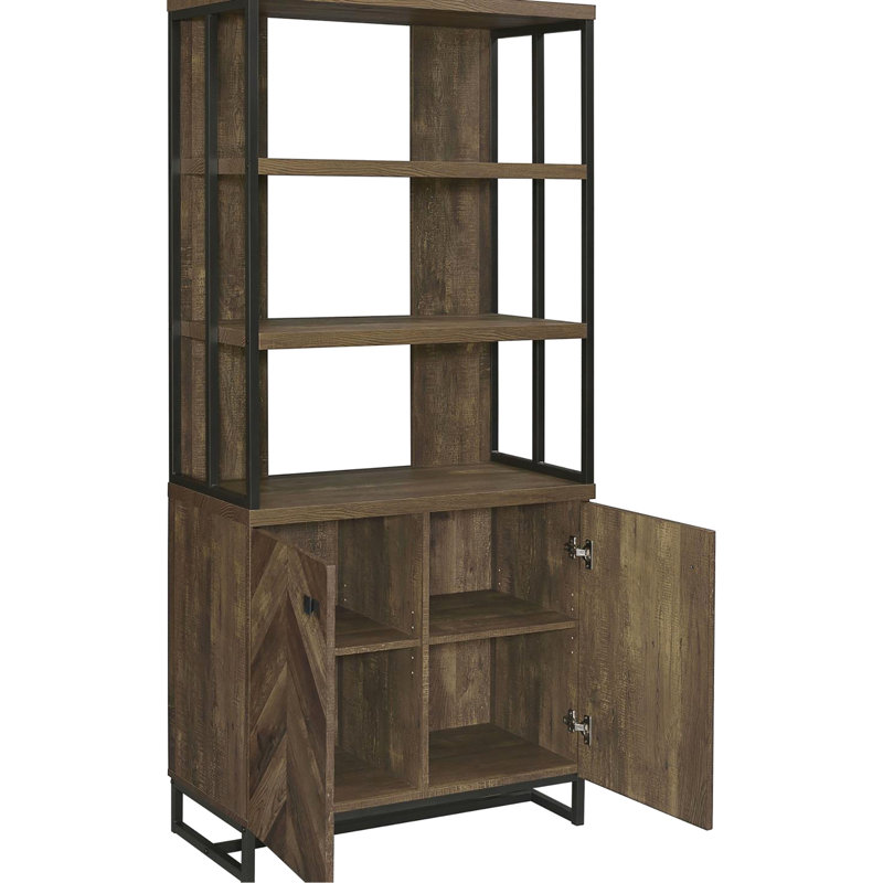 Bibliothèque en chêne à chevrons de style rustique, 3 tablettes ouvertes et 2 bibliothèques réglables à 2 portes avec armoire cachée