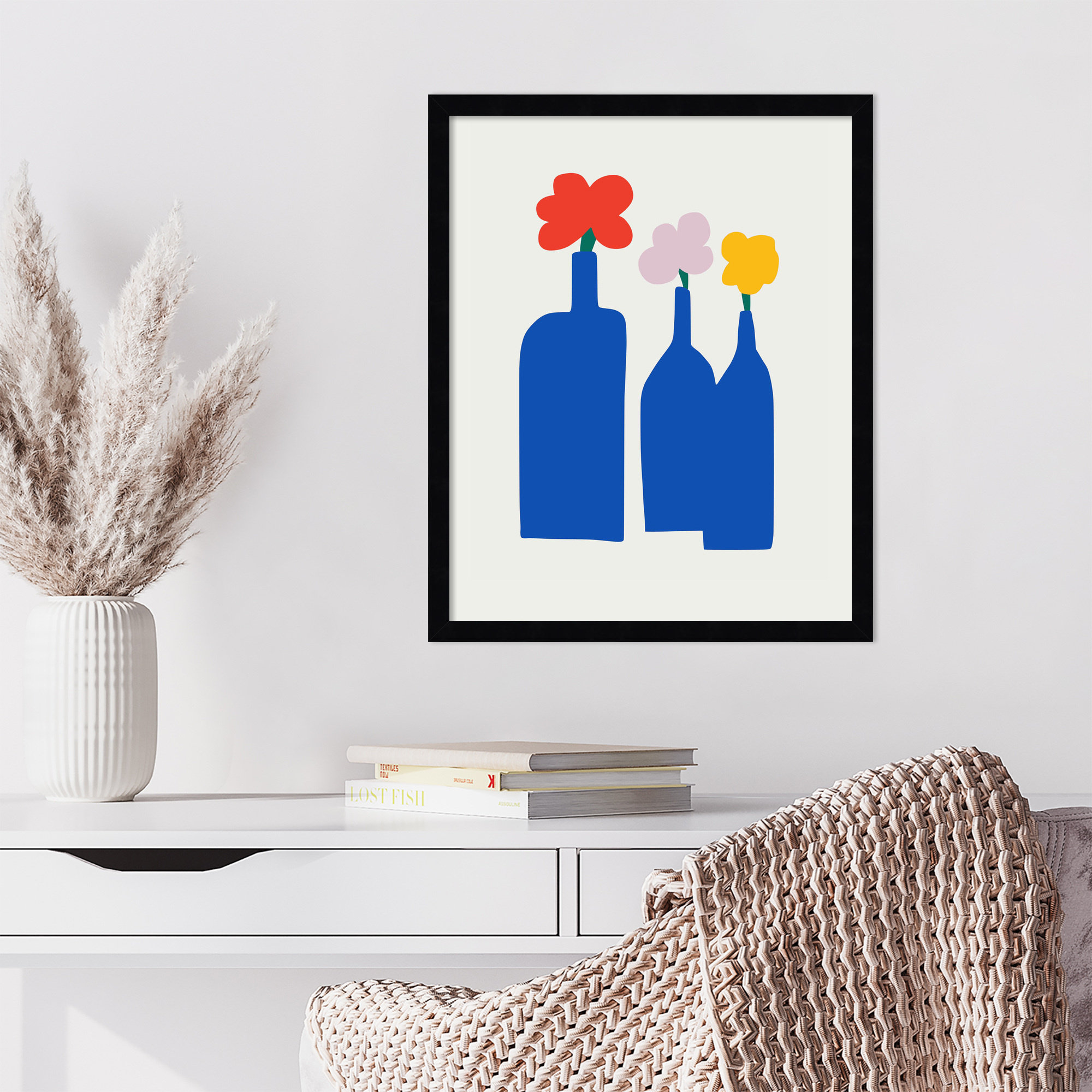 Blue Bottle Vase by Little Dean Wood Framed Wall Art Print, 21" H x 17" W, Black