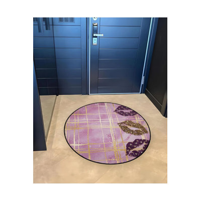 Pink Plaid Gold Lip Lipstick Patterned Detailed Woven Base Modern Decorative Carpet