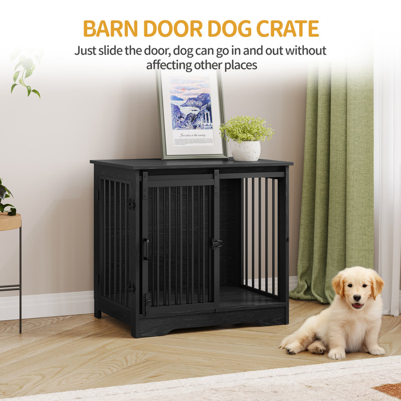 Dog Crate Furniture, 69 cm Double Door Wooden Dog Crate with Barn Door, Indoor Kennel, End Side Table Wooden Animal Crates for Small Dogs, Anti-Chew Anti-Escape