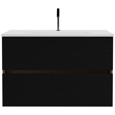 Meuble-lavabo mural - Lavabo moderne en céramique noire et noyer doux avec trop-plein Espace de rangement spacieux Lignes horizontales Technologie de fermeture silencieuse silencieuse Meuble de style minimaliste