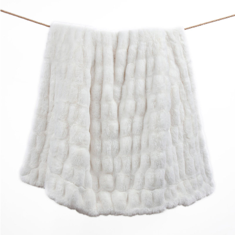 Ruched Rabbit Reversible Solid Faux Fur Classic Modern Rustic Throw Blanket, 50" x 80", White