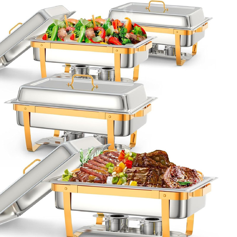 Ensemble de buffet à vaisselle Chafing - Acier inoxydable 8 pte, avec couvercle, cuillère de service et pince à épiler | Portable durable pour la restauration, les mariages et les repas à domicile | Gardez les aliments chauds et faciles à nettoyer - Or