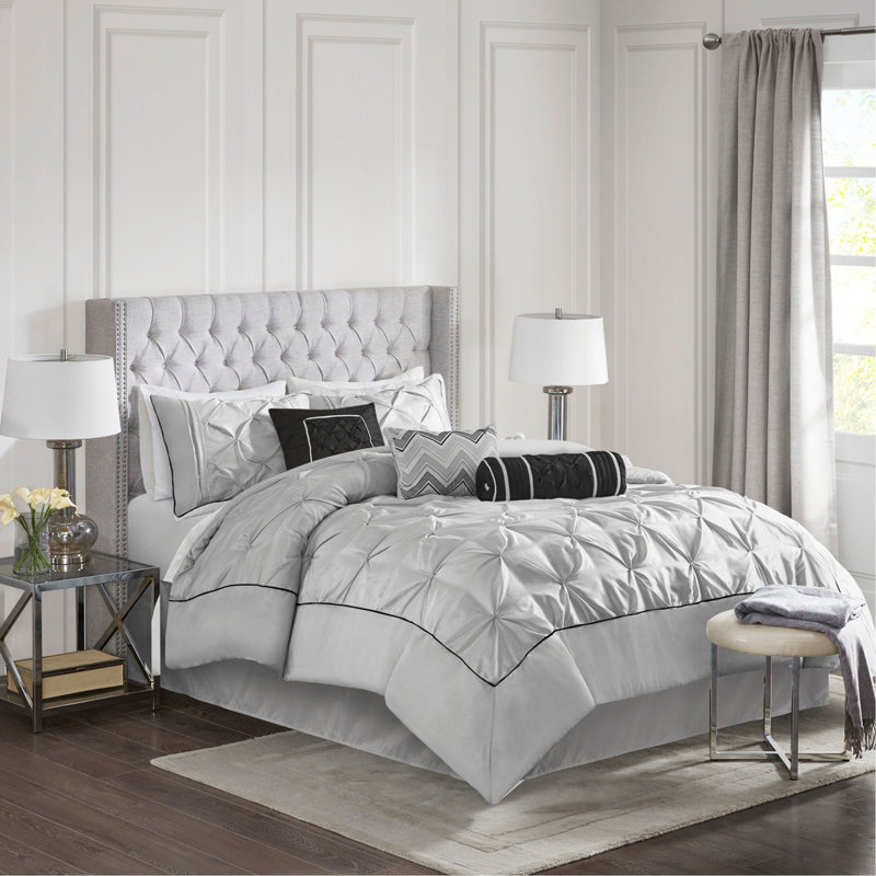 Ensemble d'édredon 7 pièces capitonné, Gris, Édredon de grande taille et 6 pièces supplément
