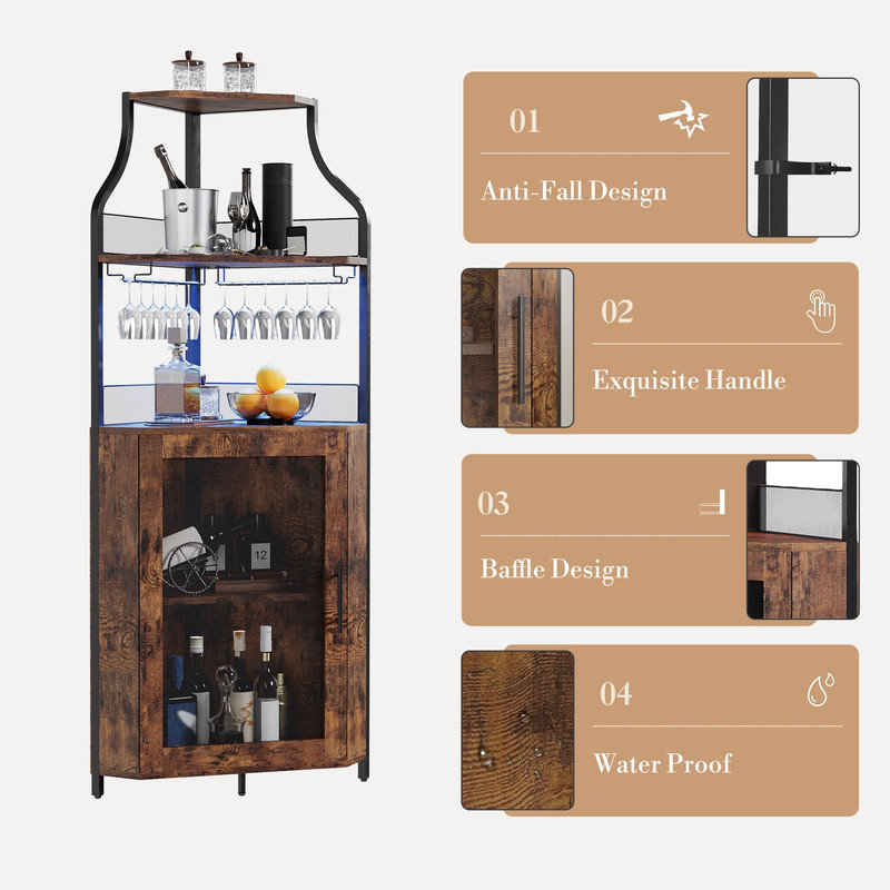 Corner Bar Cabinet with Glass Holder, Industrial Wine Cabinet with Adjustble Shelf, 5-Tiers Liquor Cabinet Bar for Home, Small Space,Black