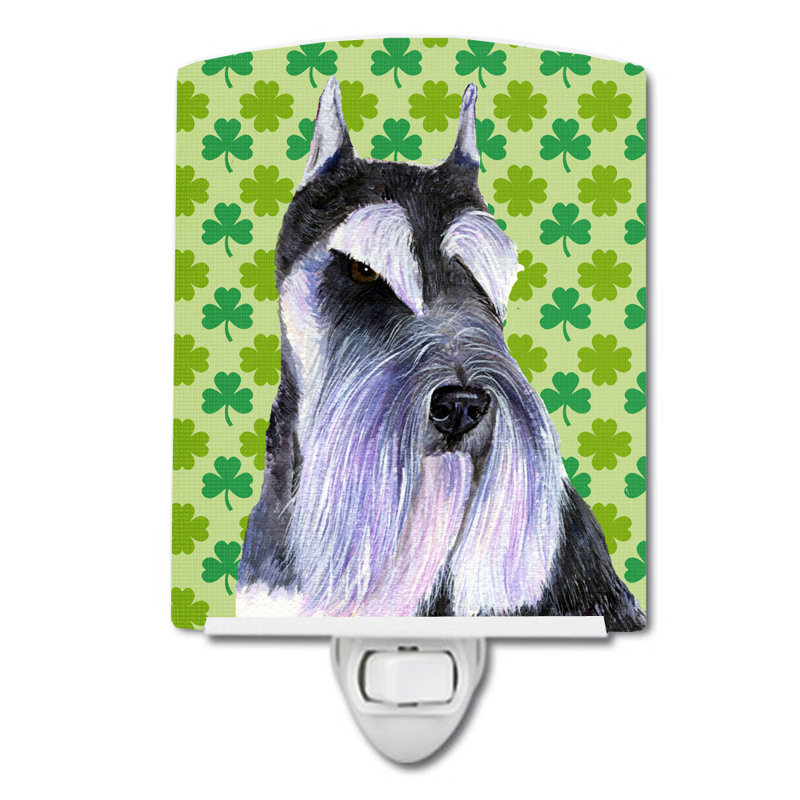 Éclairage de nuit en céramique akita trèfle St. Patrick's Day, Schnauzer noir / argenté