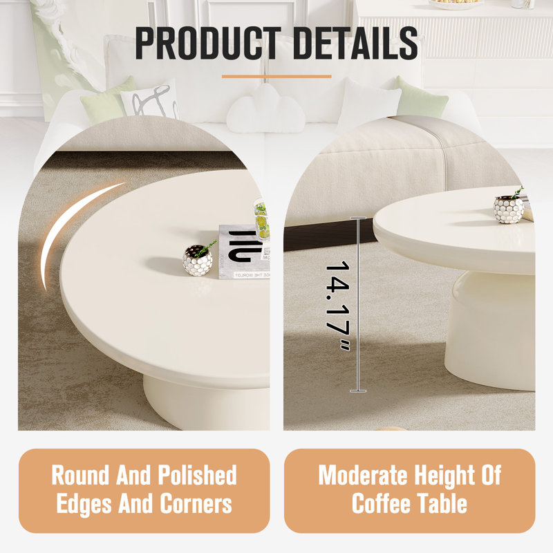 Cream White Round Coffee Table with Cylindrical Base