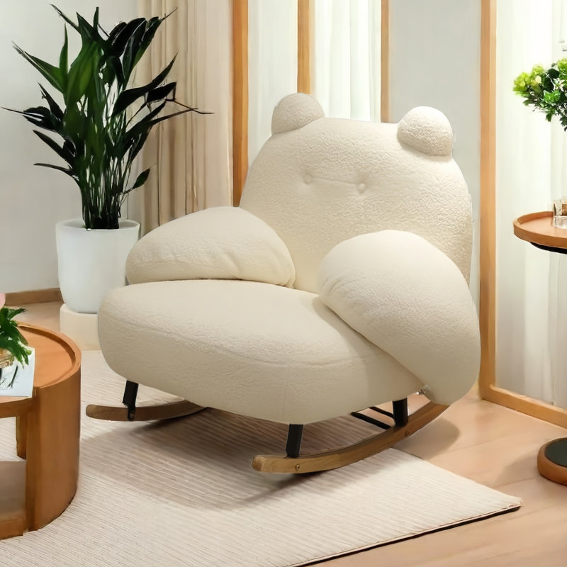 Chaise berçante moderne en bois massif rembourré, Blanc cassé