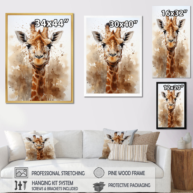 Girafe en sable brun - imprimé, Cadre simple noir, H 32 po x l 24 po x P 1 po
