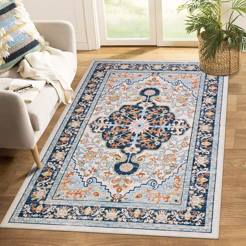 Boho Oriental Area Rug Non-slip Washable Low Pile Carpet, Rectangle 3'× 5', Blue