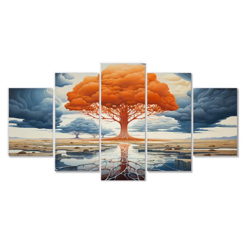 Arbre majestueux orange, art mural 5 pièces, H 32 po x l 60 po