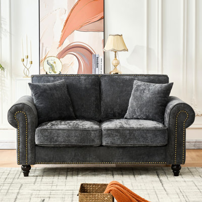 63 2 63" Gray 2 Modern With Rolled Arms, Chenille Upholstered Couch, Wood Legs And Nailhead Trim, Solid Pine Frame, Comfortable For Relaxing