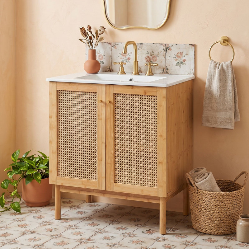 Meuble-lavabo de salle de bain avec lavabo en céramique et portes en rotin