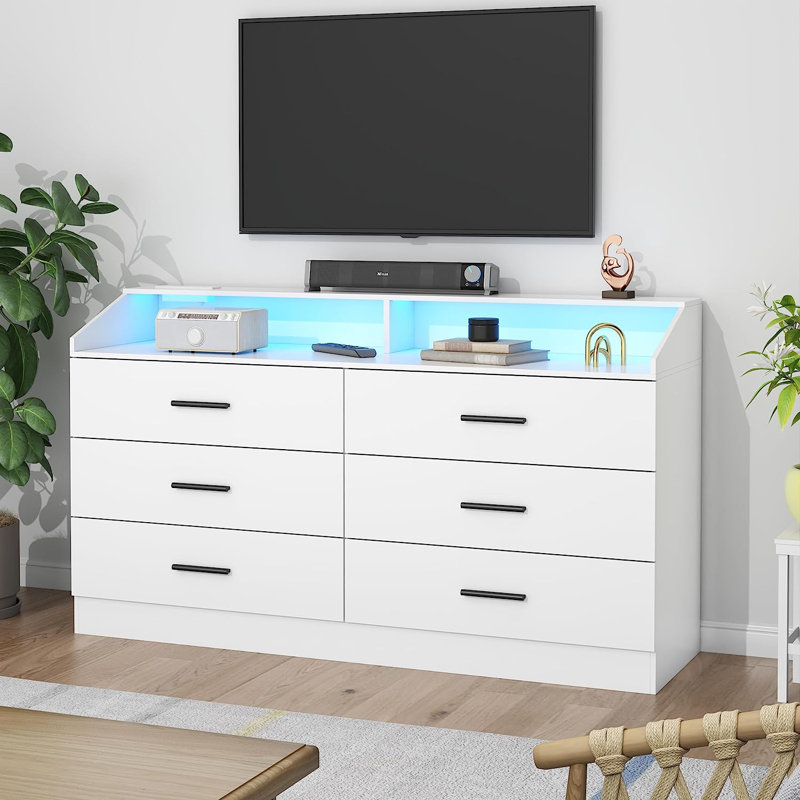 Vikky 6 Drawers Dresser with Power Outlet, Chest of Drawers with LED Light, Modern Dresser Organizer, White
