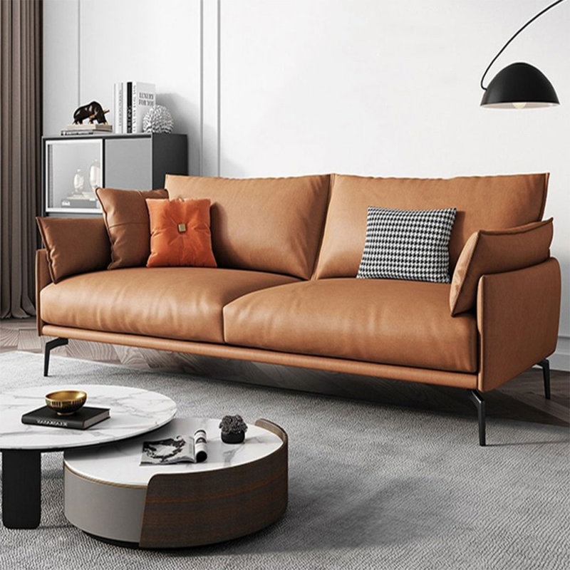 Causeuse coussin orange en cuir véritable, 33,07 po H x 66,93 po L x 35,04 po po, Orange