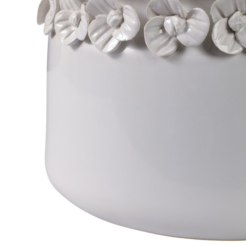 Planter Ceramic Round With Sculpted Floral Rim Detailing And Drainage Hole For Decorative Display Or Plant Support, White