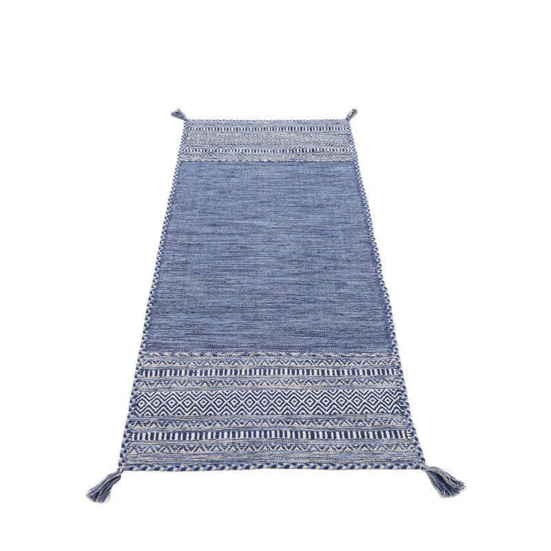 Azizi Striped Hand Woven Cotton Blue Rug, Runner 80 x 500cm