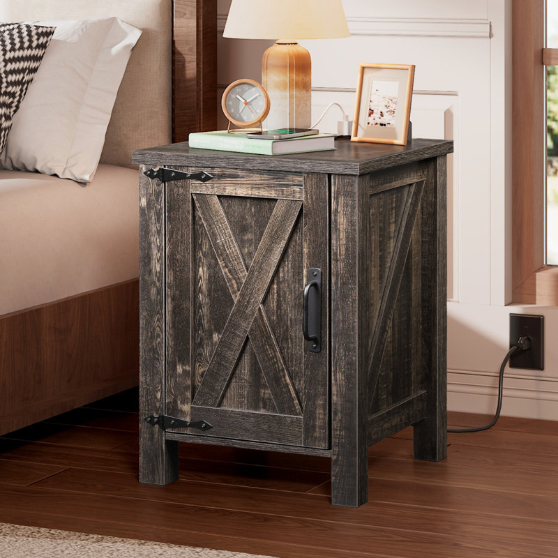 Adaija 24" Tall Charging Nightstand with Power Outlets & USB, Farmhouse End Table with Barn Door and 3-Level Shelf Storage, Rustic Bedside Table for Bedroom and Living Room