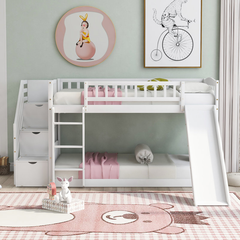 Lit simple superposé au-dessus blanc avec coffre-fort et tiroirs Twintwin, Blanc