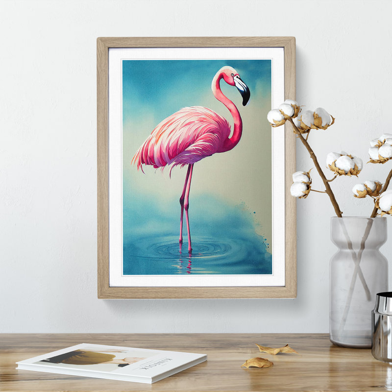 Flamingo In A Pond - Single Picture Frame Print, 64cm H x 46cm W, Beige